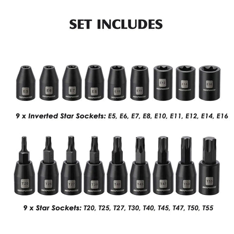 Three Eighths Inch Drive Impact Socket Set, CRMO Steel, includes 9 inverted star sockets E5-E16 and 9 star sockets T20-T55