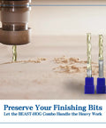 Beast And Hog Roughing Router Bit Combo Set With Quarter Inch Shank in use, showcasing solid carbide bits and wood shavings.