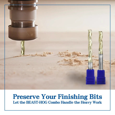 Beast And Hog Roughing Router Bit Combo Set With Quarter Inch Shank in use, showcasing solid carbide bits and wood shavings.