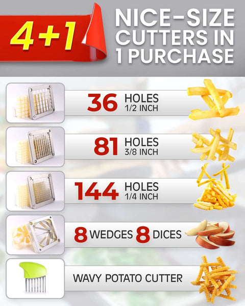 Ezcasch French Fry Cutter with four stainless steel blades (1/4, 3/8, 1/2, 8-wedge) for potatoes and vegetables.