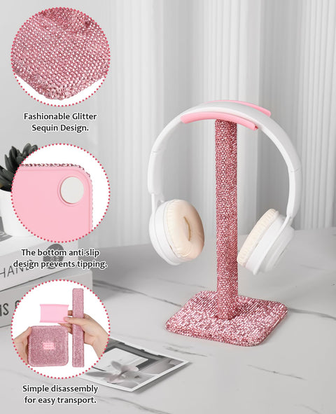 Pink Rhinestone Headphone Stand For Gamer Desk Setup With Soft Headrest Crystal Headset Holder Kawaii Bling Desk