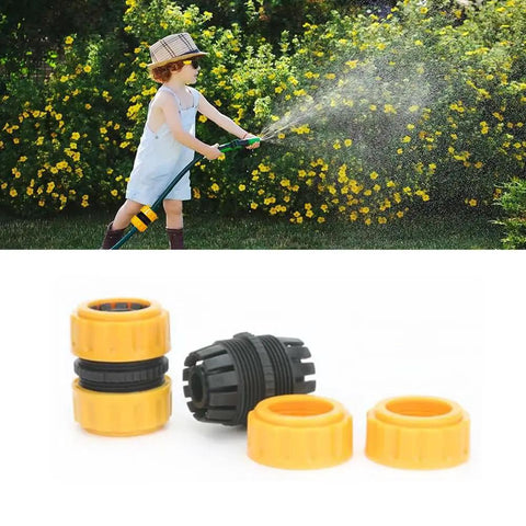 Three Pack Garden Hose Repair Kit With Durable Connectors And Extender For 3/4 Inch Or 5/8 Inch Hoses shown with black and yellow fittings