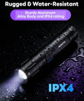Rechargeable 2-in-1 UV and White Light Flashlight With 395nm UV Black Light Waterproof Zoomable Beam shown with water droplets