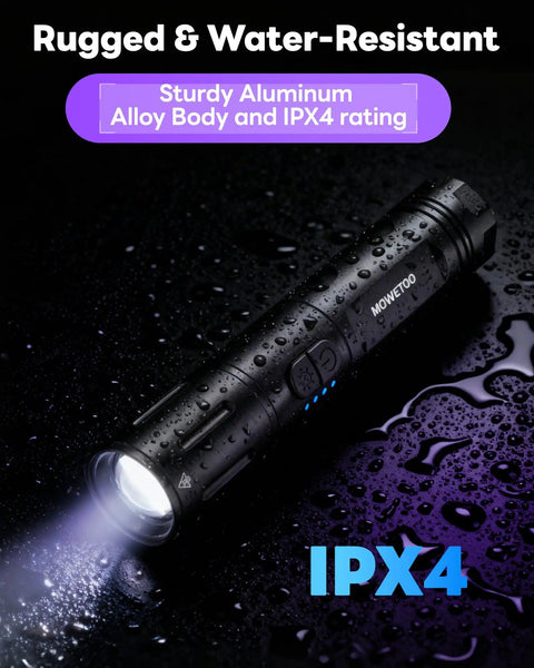 Rechargeable 2-in-1 UV and White Light Flashlight With 395nm UV Black Light Waterproof Zoomable Beam shown with water droplets