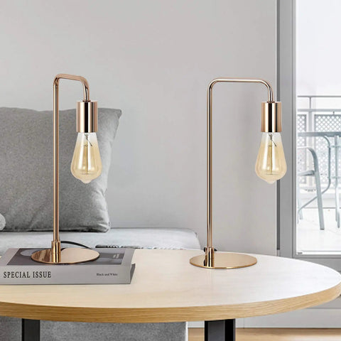 Gold Desk Lamp Set Of 2 Industrial Metal Table Lamps for reading and nightstand use in a modern living room setting.