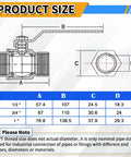 Product size chart for 1/2 Inch Brass Ball Valve Set with measurements A, B, C, D for Female NPT to Female NPT Thread plumbing fittings.