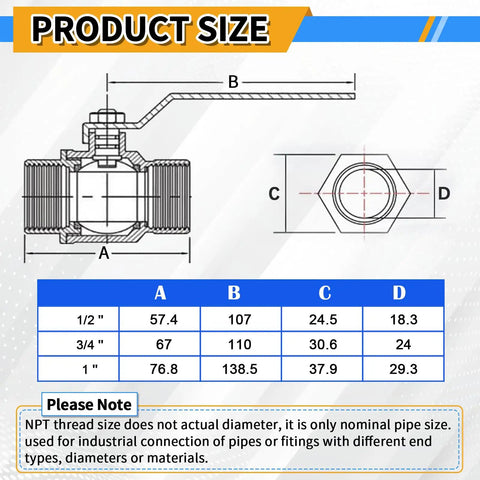 Product size chart for 1/2 Inch Brass Ball Valve Set with measurements A, B, C, D for Female NPT to Female NPT Thread plumbing fittings.