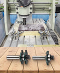 Awesome Woodworking Router Bit Set for Tongue Groove Joint Assembly with 12mm Shank And Microcrystalline Carbide Tips, displayed with CNC machine.