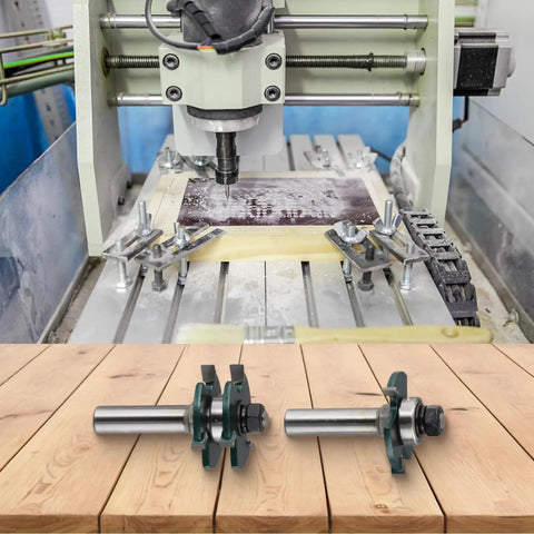 Awesome Woodworking Router Bit Set for Tongue Groove Joint Assembly with 12mm Shank And Microcrystalline Carbide Tips, displayed with CNC machine.