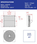 Specifications for 36 Inch Wall Mounted Exhaust Fan With Auto Shutter, Single Speed Vent For Attic, Shed, Or Garage Ventilation, 6128 CFM