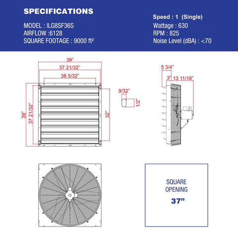 Specifications for 36 Inch Wall Mounted Exhaust Fan With Auto Shutter, Single Speed Vent For Attic, Shed, Or Garage Ventilation, 6128 CFM