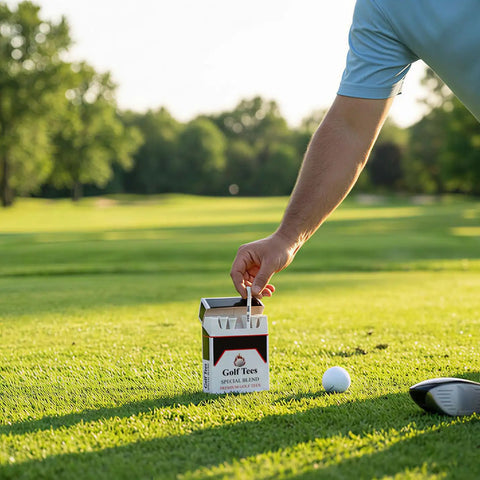 Golfer picking from box of 24 Piece Premium Bamboo Golf Tees 83mm 3.25 Inches With Vintage Carry Case on lush golf course
