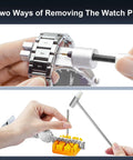 Watch Repair Tool Kit For Battery Replacement, Strap Adjustment, Link Pin Remover, Case Back Opener And Pry Knife With Hammer shown in use