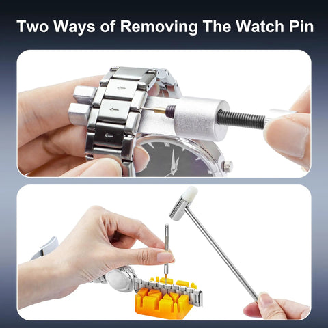 Watch Repair Tool Kit For Battery Replacement, Strap Adjustment, Link Pin Remover, Case Back Opener And Pry Knife With Hammer shown in use