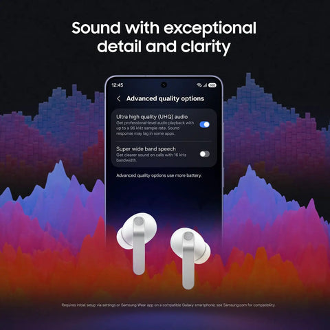 Galaxy Buds 4 Pro 2026 AI True Wireless Earbuds With Hi-Res Audio And 2-Way Speaker ANC 2.0 shown with app for quality settings.