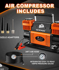 Heavy Duty 12V Portable Air Compressor Featuring A Badass 10.6 CFM Dual Cylinder Pump, includes 24ft hose and nozzle adapters.