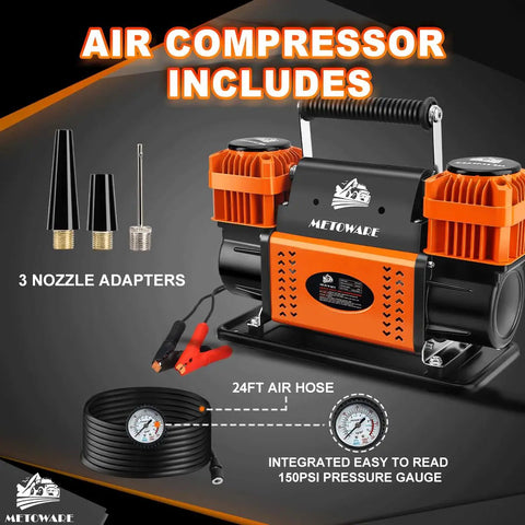 Heavy Duty 12V Portable Air Compressor Featuring A Badass 10.6 CFM Dual Cylinder Pump, includes 24ft hose and nozzle adapters.