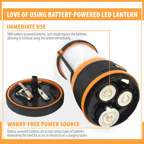 Bright 1800 Lumen Go-To Camping Lantern With Four Lighting Modes Battery Powered Emergency Light For Power Outages Storm Prep Hiking Fishing Survival Kits Home And Outdoors showing open battery compartment with three D batteries inside