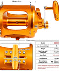 Diagram of Saltwater Fishing Reel With 8 And 1 Ball Bearings Dual Gear System dimensions and specs in orange color