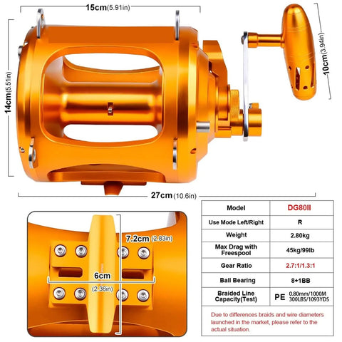 Saltwater Fishing Reel For Offshore Trolling And Slow Pitch Jigging With Dual Gear 8 Plus 1BB Ball Bearing System dimensions and specs