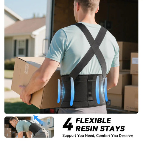 Man lifting box wearing Adjustable Lower Back Support Belt Built For Tough Work All Day Pain Relief For Sciatica And Herniated Discs
