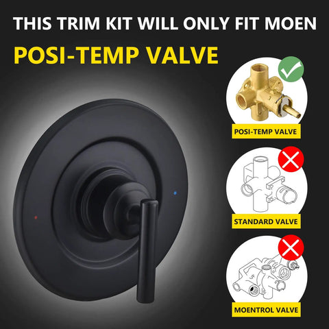No Fuss Easy Install Posi Temp Valve Trim Kit Replacement Matte Black Finish with compatibility diagram
