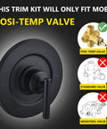 Pressure Balancing Tub And Shower Trim For Moen 8 Inch Rainshower Heads Matte Black With Adjustable Brass Ball Joint shown with posi-temp valve
