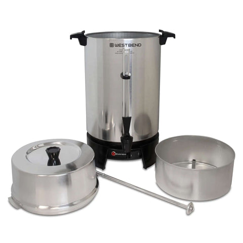 100 Cup Commercial Coffee Urn With Automatic Temperature Control Fast Brewing Easy Clean Up NSF Approved Large Capacity Keeps Joe Hot All Day Silver For Large Events, shown disassembled with lid and components.