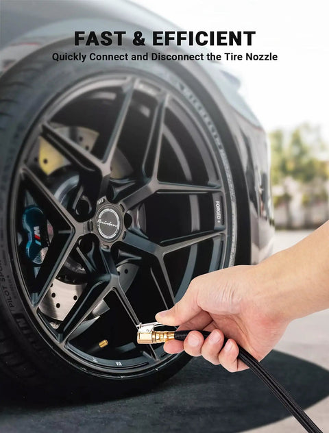Hand using 12 Inch Tire Inflator Extension Hose with Clip On Air Chuck Adapter for quick inflation on a car wheel.