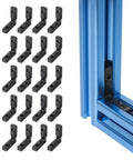 Bad Boy L Shape Inside Corner Brackets For T Slot And V Slot Aluminum Extrusion With Zinc Alloy Kit, 20 pieces, mounted on blue frame.