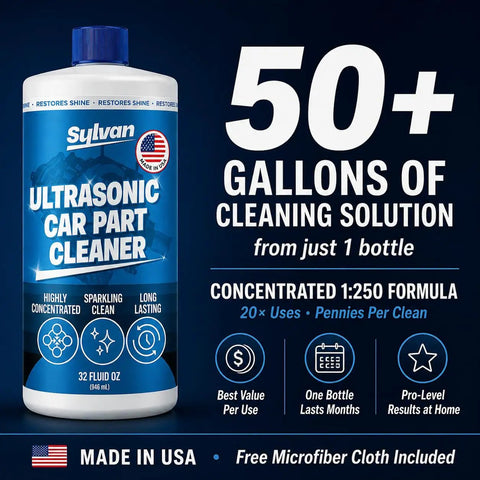 Heavy Duty Ultrasonic Carburetor And Engine Parts Cleaner Concentrate 32 Oz Bottle for cleaning auto parts, makes fifty gallons.