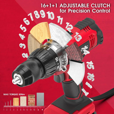 Close-up of 20V Cordless Drill And Impact Driver Combo Kit with 16+1 adjustable clutch settings, showing torque levels.