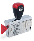 No Sweat 12 Phrase Date Roller Stamp With Rapid Swap Bands For Pulling Updates Across Six Calendar Years Solid For Crushing Office Backlogs And Keeping Your Paperwork Moving Smooth, featuring red handle and adjustable message bands.