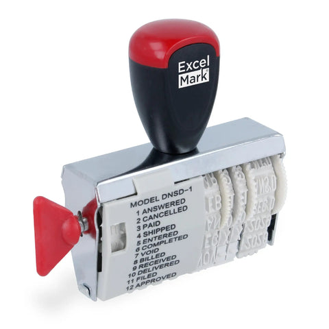 No Sweat 12 Phrase Date Roller Stamp With Rapid Swap Bands For Pulling Updates Across Six Calendar Years Solid For Crushing Office Backlogs And Keeping Your Paperwork Moving Smooth, featuring red handle and adjustable message bands.