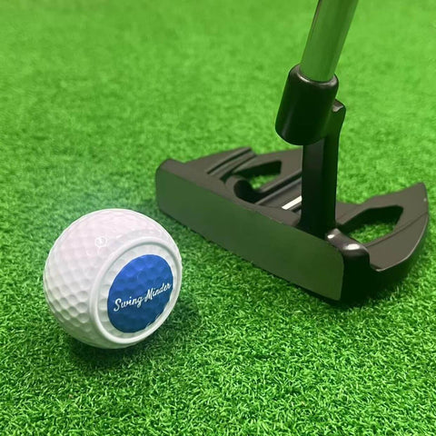 Golf putter next to Game Changing Putting Wheels Training Aid Set Of 3 For True Roll Practice Golf Alignment Tool on green surface.
