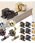Stainless Steel Cabinet Latches 18 Pcs Dual Wheel Spring Catches Self Locking Hardware For Cupboard, Drawer And Wardrobe Door Fix Fitting in various colors on a wooden background.