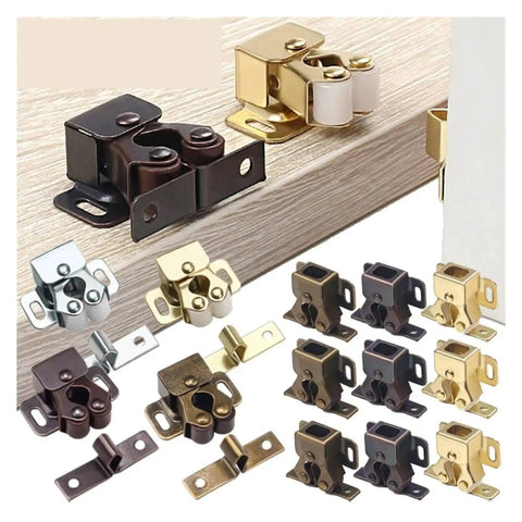 Stainless Steel Cabinet Latches 18 Pcs Dual Wheel Spring Catches Self Locking Hardware For Cupboard, Drawer And Wardrobe Door Fix Fitting in various colors on a wooden background.
