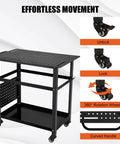 Heavy Duty Rolling Welding Cart With Spacious 36 By 24 Inch Steel Workbench On Wheels showing 360° rotation wheels and curved handle.