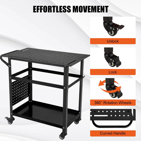 Heavy Duty Rolling Welding Cart With Spacious 36 By 24 Inch Steel Workbench On Wheels showing 360° rotation wheels and curved handle.