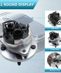 Front Wheel Hub Bearing Assembly For 5 Lug Vehicles Compatible With Malibu 2004 2012 Cobalt 2008 2010 HHR 2008 2010 G6 2005 2010 Saturn Aura 2007 2009 With ABS Replacement 513214, shown from top, front, and bottom views