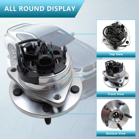 Front Wheel Hub Bearing Assembly For 5 Lug Vehicles Compatible With Malibu 2004 2012 Cobalt 2008 2010 HHR 2008 2010 G6 2005 2010 Saturn Aura 2007 2009 With ABS Replacement 513214, shown from top, front, and bottom views