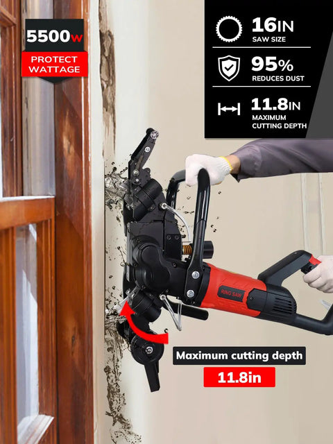 16-Inch Toroidal Electric Concrete Ring Saw 5500W Dry Wet Cutting With Water Pump Max Depth 11.8 Inch cutting through wall close-up view.