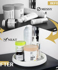 Non Skid Lazy Susan Turntable 360 Degree Kitchen Organizer for Cabinets Pantry Bathroom and Fridge, before and after use.