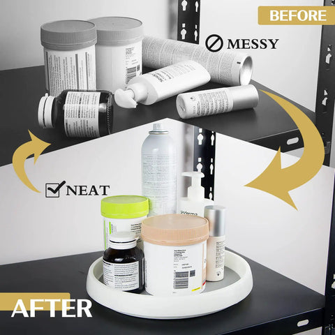 Non Skid Lazy Susan Turntable 360 Degree Kitchen Organizer for Cabinets Pantry Bathroom and Fridge, before and after use.