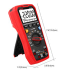Red Pro Grade Digital Multimeter with True RMS, 22K counts, 7.4 inches height, angled view showing display and controls.