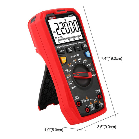 Red Pro Grade Digital Multimeter with True RMS, 22K counts, 7.4 inches height, angled view showing display and controls.