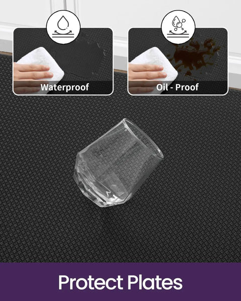 Cushioned Anti Fatigue Kitchen Floor Mat 23x59 Inch Wide Runner Rug With Memory Foam Padding Waterproof Design For Front Sink And Laundry Ergonomic Standing Mat To Relieve Foot And Leg Fatigue Black, shown with water and oil resistance features.