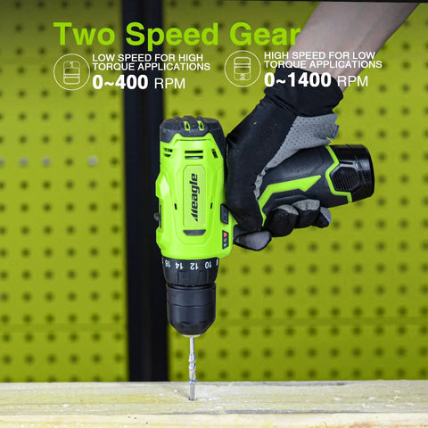 Cordless Drill Kit With 12V Power Drill, Battery And Charger in action, highlighting dual gear variable speed settings.