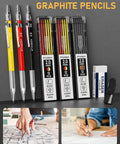 Heavy Duty Carpenter Pencil Set With Rugged Mechanical Leads And Premium 2B Graphite Refills For Woodworkers And DIY Builders view of set including drafting pencils and refills.