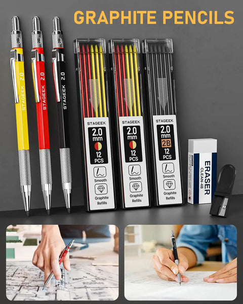 Heavy Duty Carpenter Pencil Set With Rugged Mechanical Leads And Premium 2B Graphite Refills For Woodworkers And DIY Builders view of set including drafting pencils and refills.